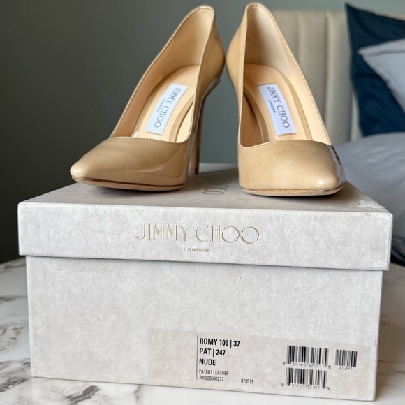 Jimmy Choo Romy 100 Nude Patent Leather PumpsSize 37